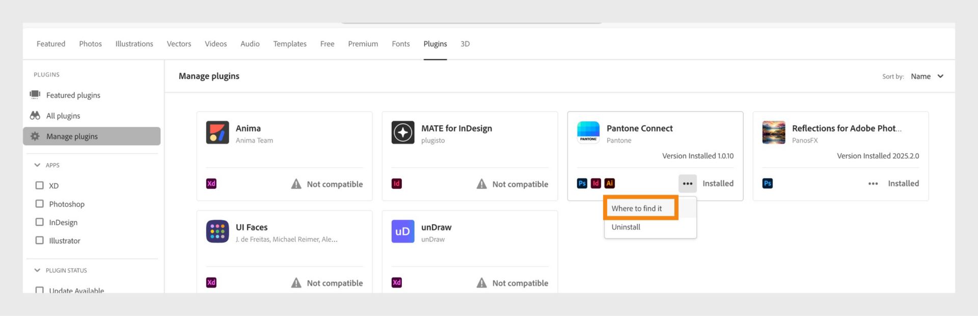 Plugin-kortet visar rullgardinsmenyn Fler åtgärder med alternativen Var finns det och Avinstallera.