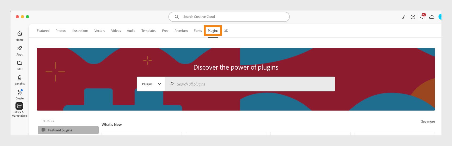 Jendela Stock & Marketplace menampilkan bilah pencarian dan beberapa tab untuk kategori pencarian seperti Gambar dan Plugin.  