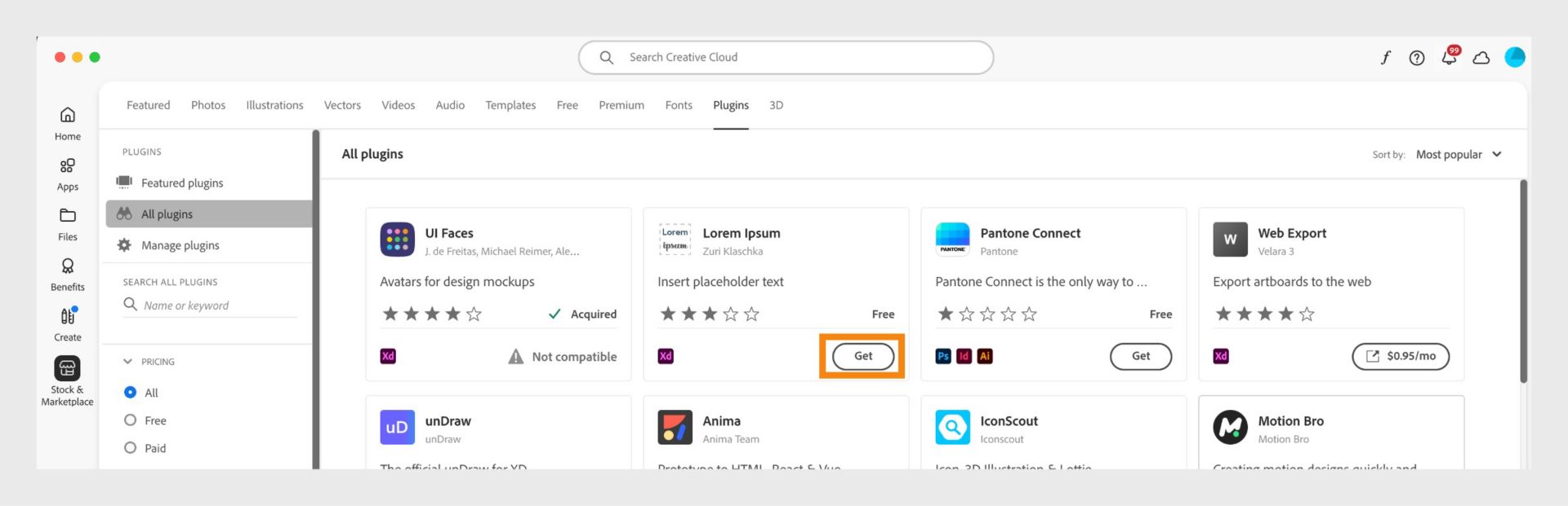 Het venster Plug-ins met alle plug-ins die overeenkomen met je zoekopdracht. Selecteer Downloaden, Kopen of Meer informatie om plug-ins te installeren. 