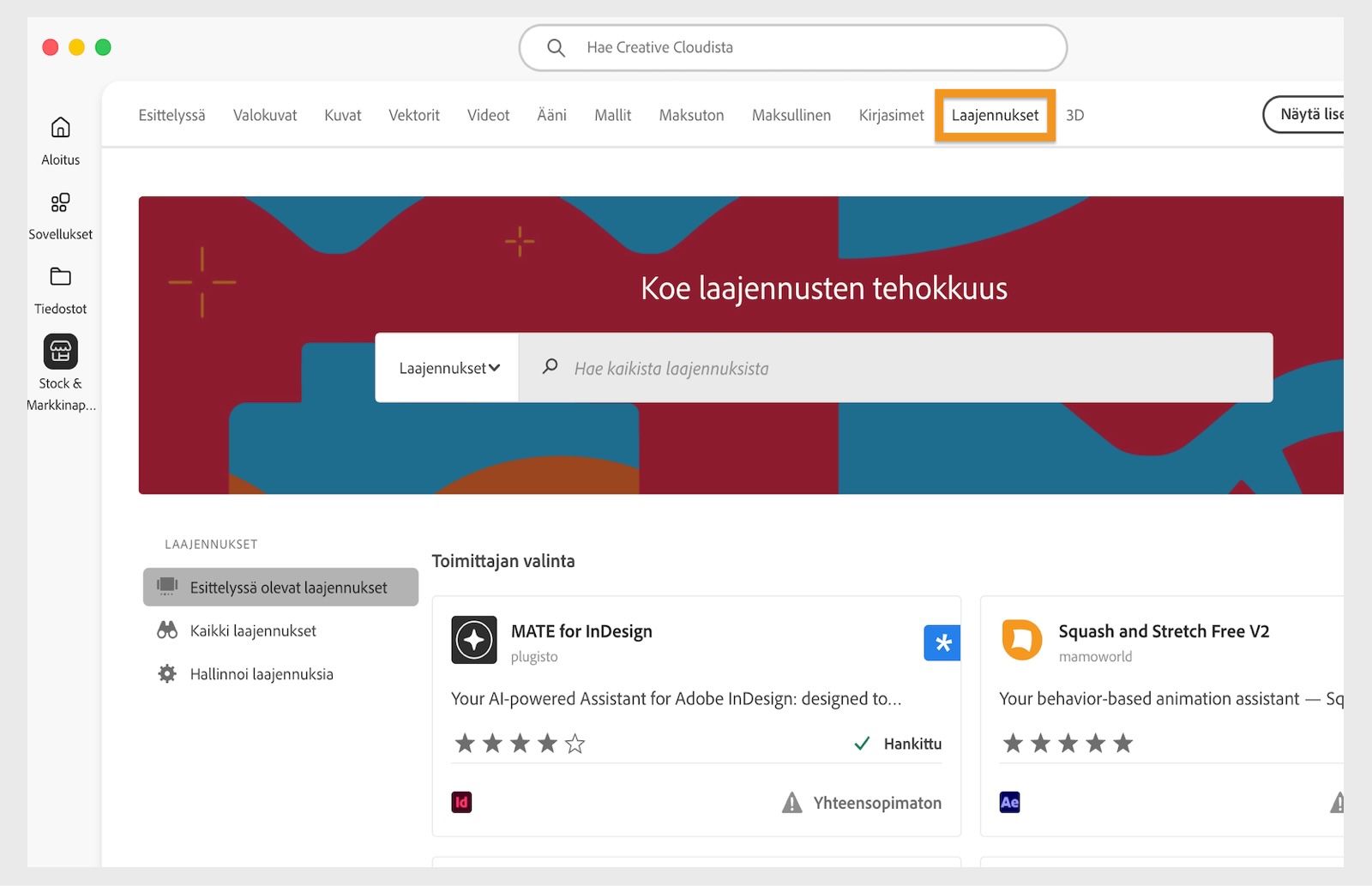Näyttöön avautuu ikkuna, jossa näkyvät kaikki hakutulostasi vastaavat laajennukset.