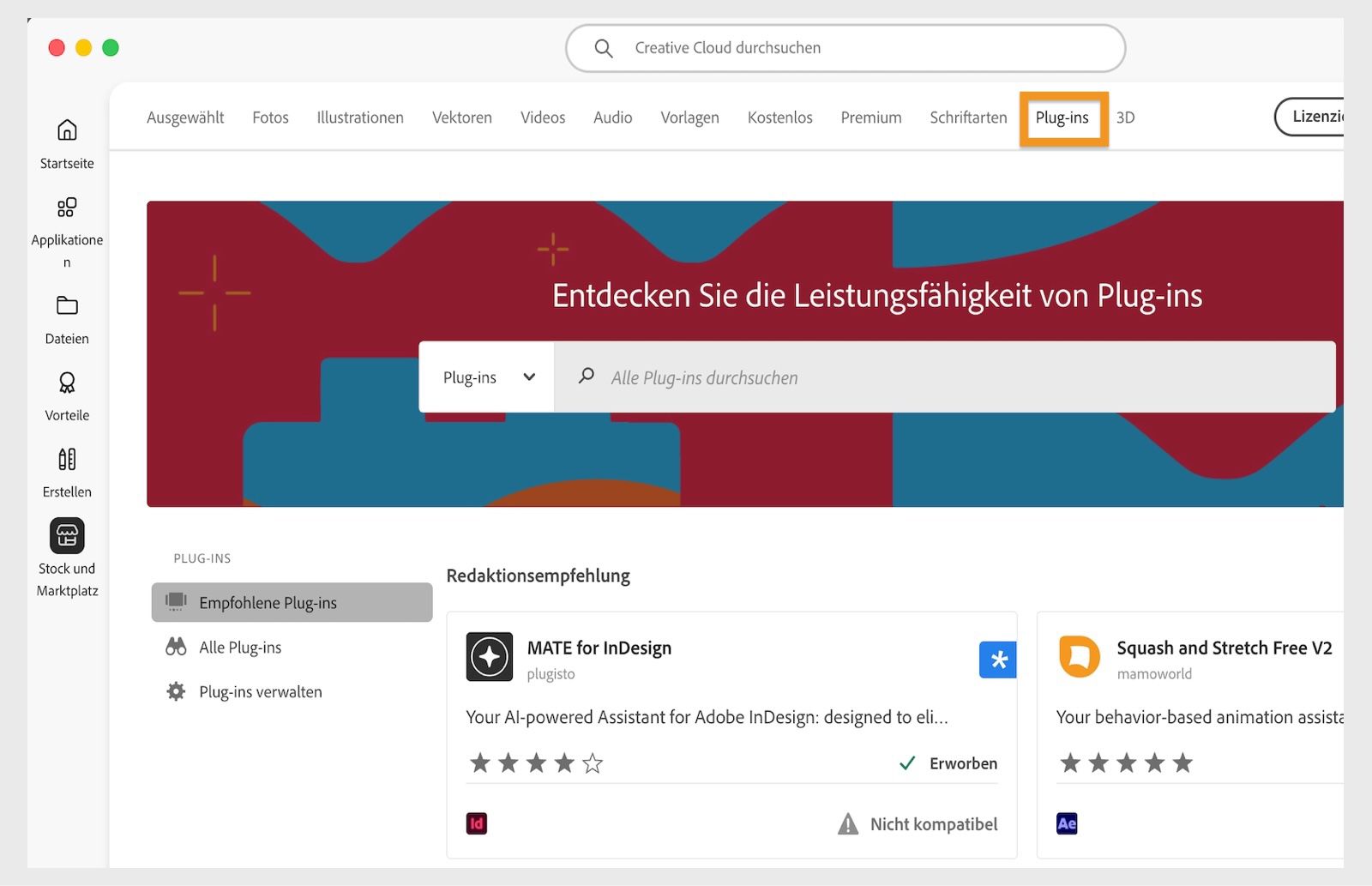 Im Fenster „Stock und Marktplatz“ werden eine Suchleiste und mehrere Registerkarten für Suchkategorien wie „Bilder“ und „Plug-ins“ angezeigt.  