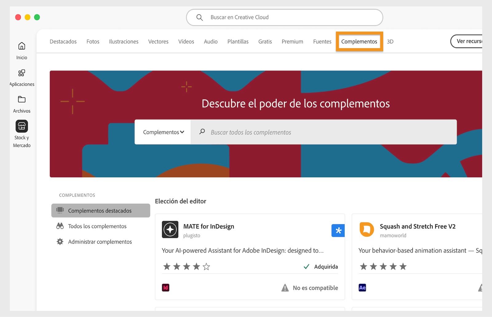 Se abre una ventana con todos los complementos que coinciden con el resultado de la búsqueda.
