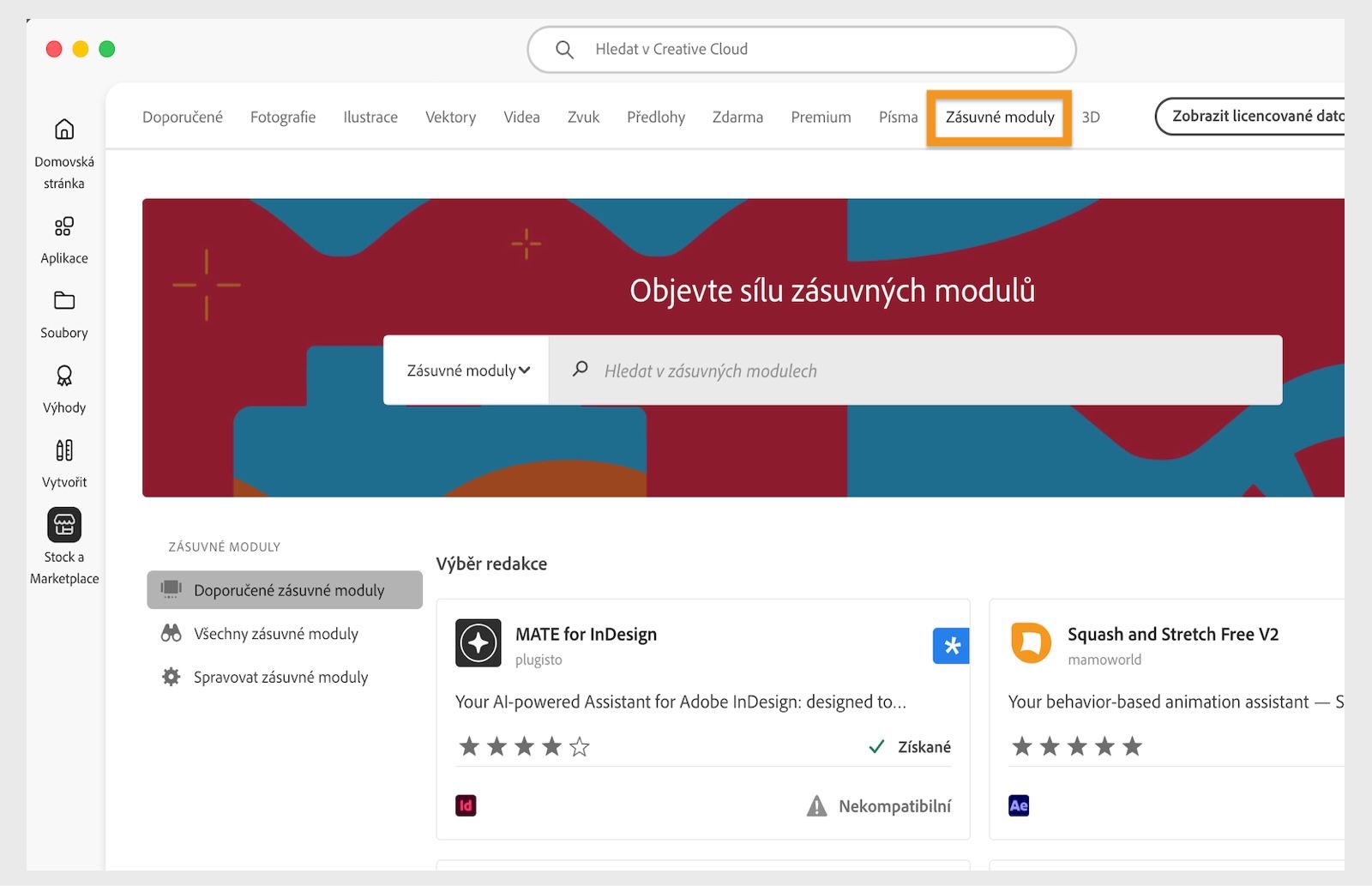 Otevře se okno se všemi zásuvnými moduly, které odpovídají výsledku hledání.
