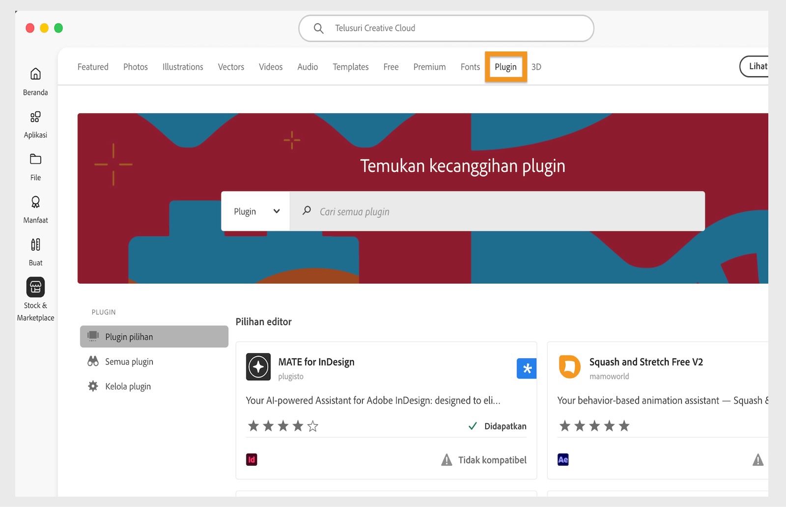 Sebuah jendela yang menampilkan semua plugin yang cocok dengan hasil pencarian Anda akan terbuka.