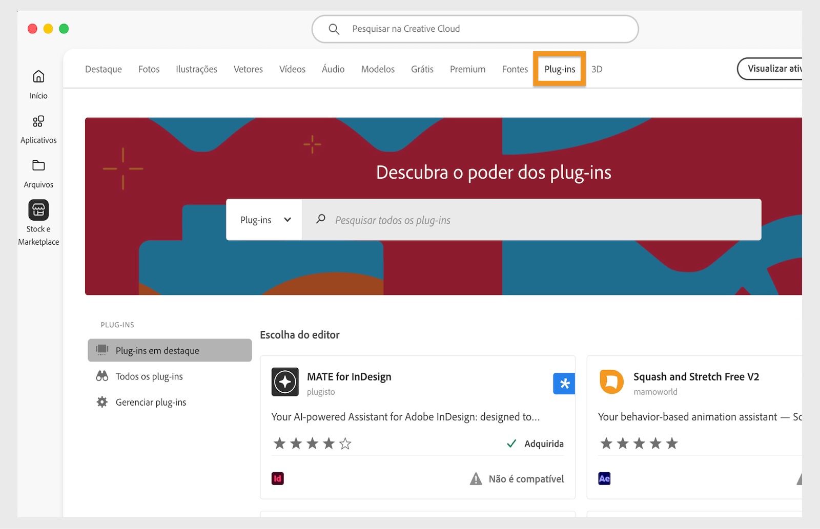 Uma janela mostrando todos os plug-ins que correspondem ao resultado da pesquisa é aberta.