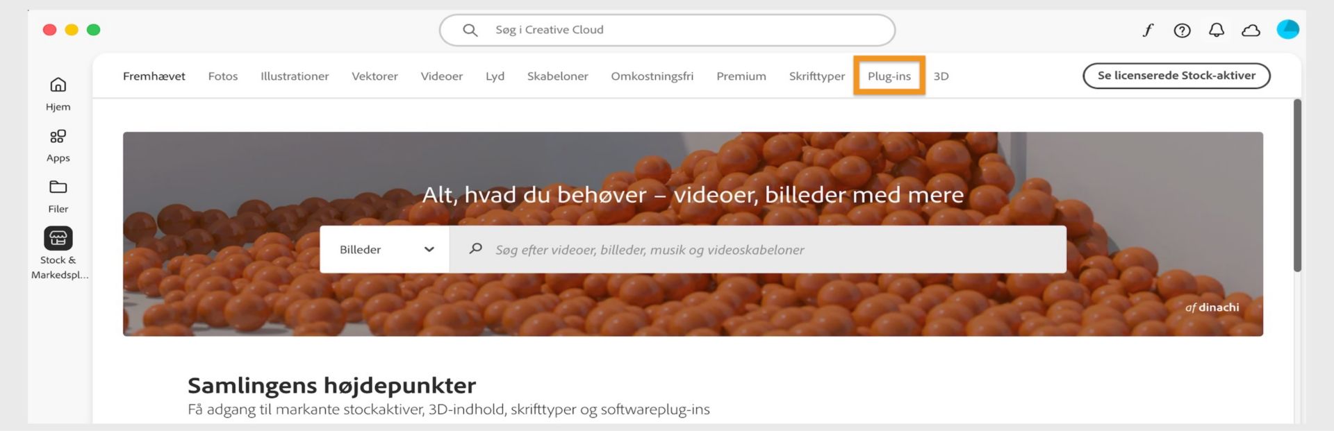 Vinduet Stock & Marketplace viser et søgefelt og flere faner til søgekategorier som for eksempel Billeder og Plug-ins.  