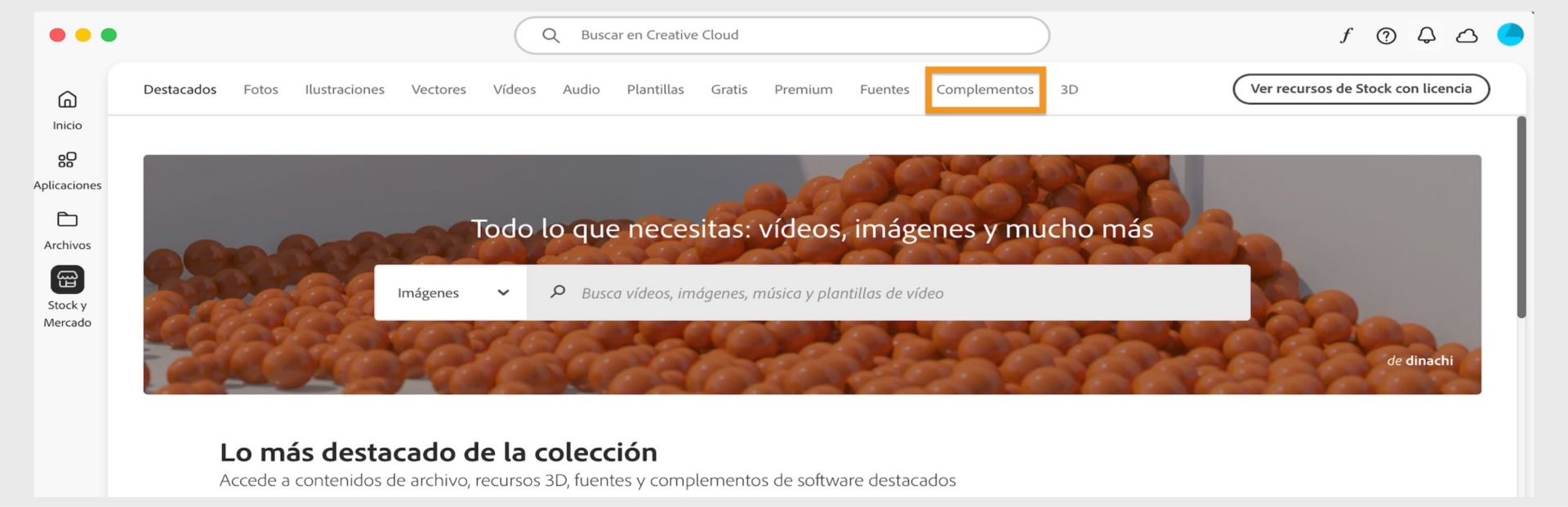 Ventana de Stock y Mercado que muestra una barra de búsqueda y varias pestañas para categorías de búsqueda como Imágenes y Complementos.  