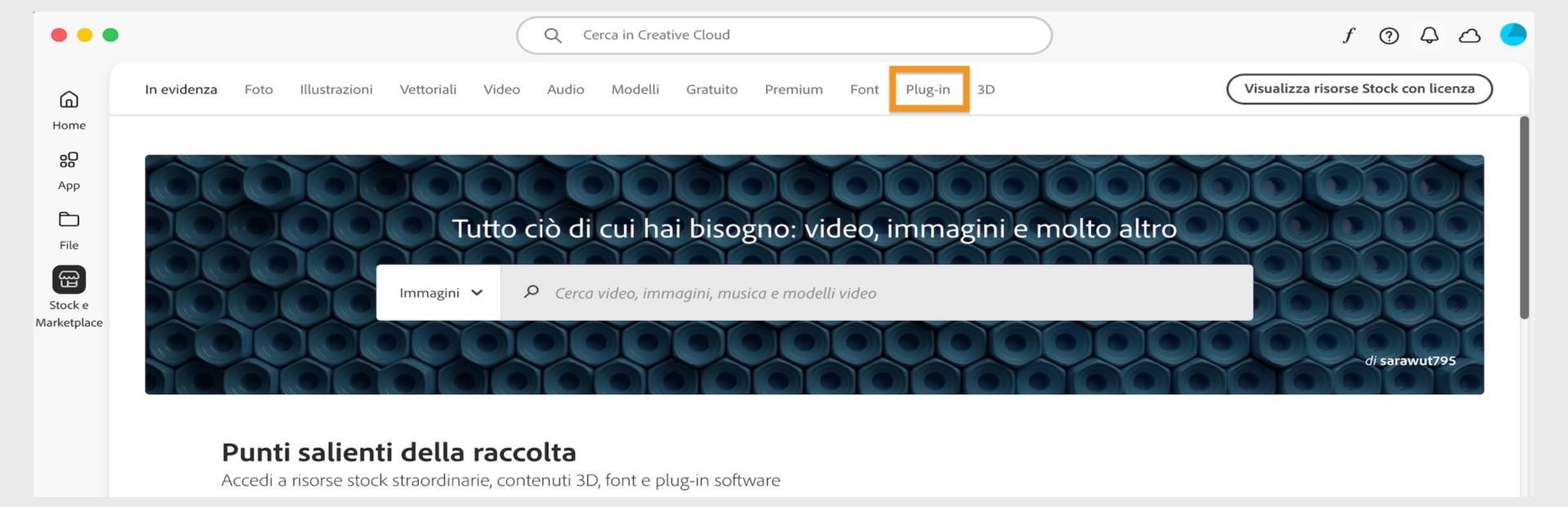 La finestra Stock e Marketplace che mostra una barra di ricerca e più schede per categorie di ricerca come Immagini e Plug-in.  