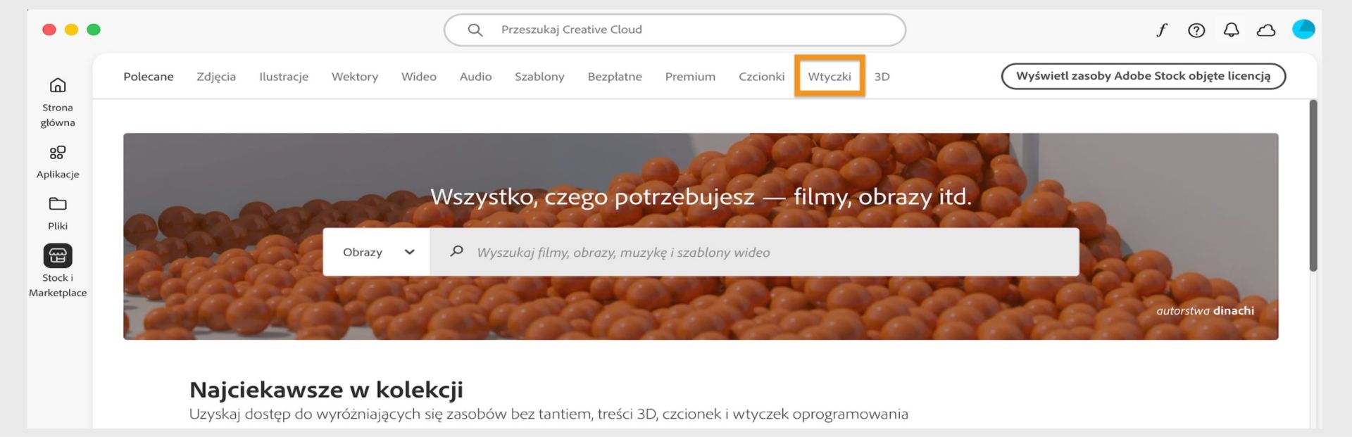 Okno Stock i rynek z widocznym paskiem wyszukiwania i kartami z różnymi kategoriami wyszukiwania, takimi jak Obrazy i Wtyczki.  