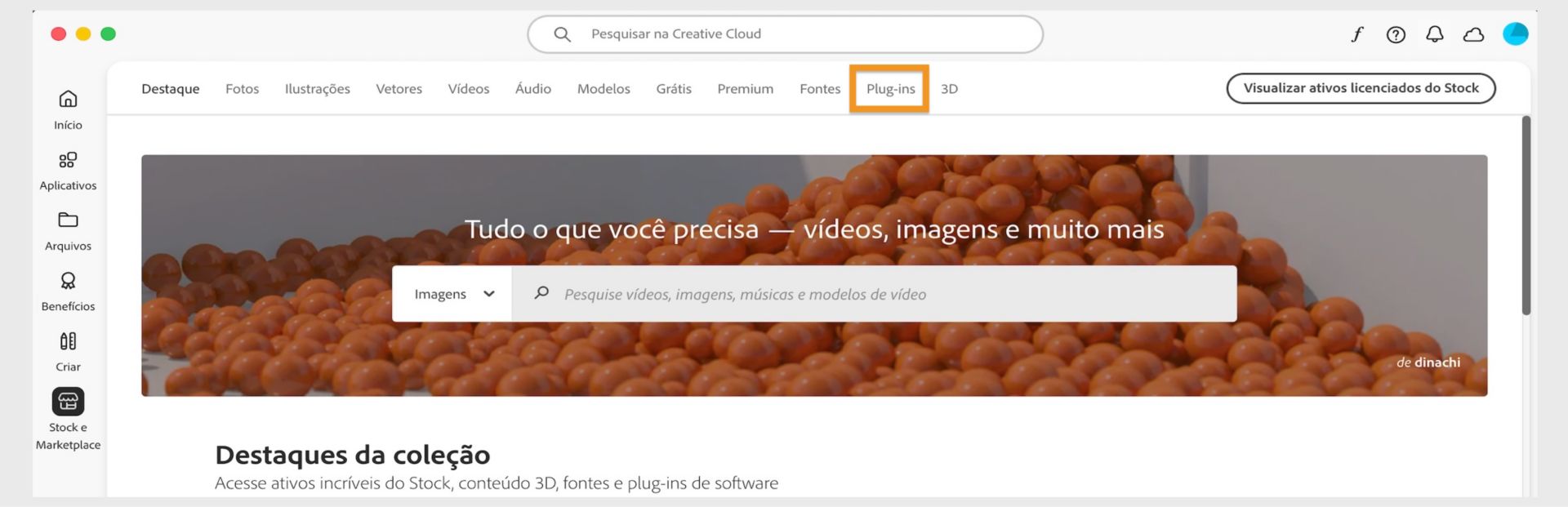 A janela Stock & Marketplace mostrando uma barra de pesquisa e várias guias para categorias de pesquisa, como Imagens e Plug-ins.  
