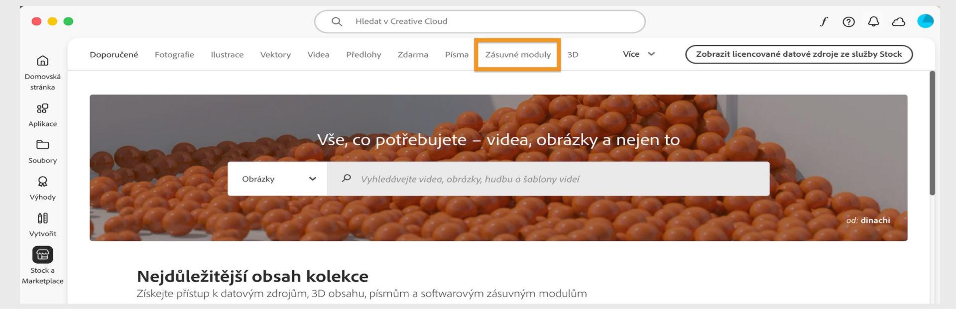 Okno Stock a Marketplace zobrazující vyhledávací panel a řadu karet pro kategorie hledání, jako jsou Obrázky a Zásuvné moduly.  