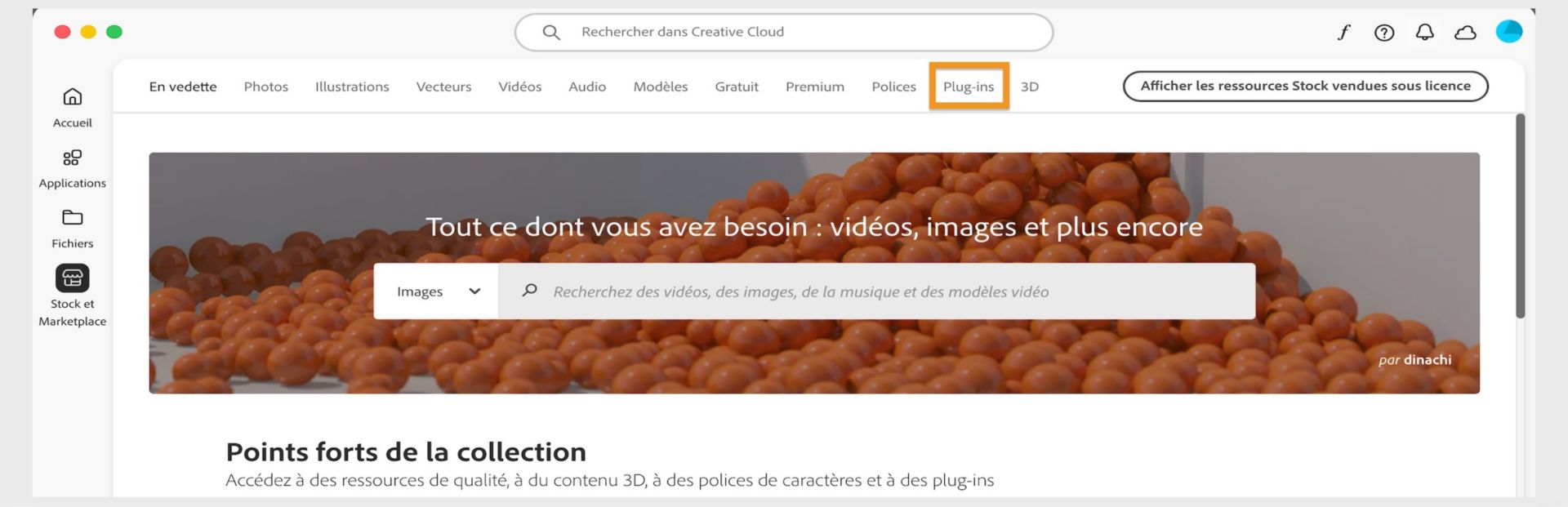 La fenêtre Stock et Marketplace affichant une barre de recherche et plusieurs onglets pour les catégories de recherche telles que les images et les plugins.  