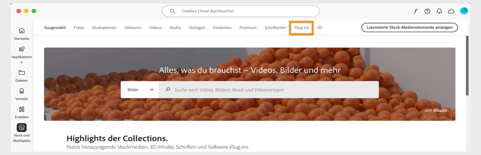 Im Fenster „Stock und Marktplatz“ werden eine Suchleiste und mehrere Registerkarten für Suchkategorien wie „Bilder“ und „Plug-ins“ angezeigt.  