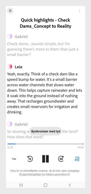 Podcast på acrobat mobile viser afspilningskontrolmulighederne og den fulde udskrift synkroniseret med lyd.