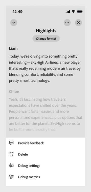 Podcast på Acrobat til Android viser kontrolindstillingerne for afspilning og den fulde udskrift synkroniseret med lyd.