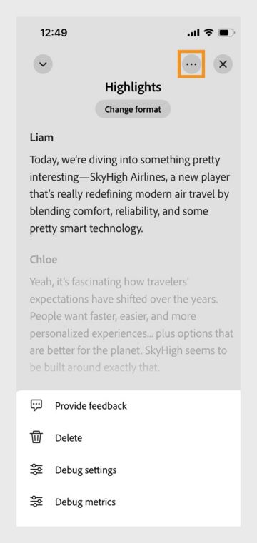 Podcast no Acrobat para dispositivos móveis, mostrando as opções de visualizar transcrição, alterar formato, dar feedback, excluir e configurações de depuração.