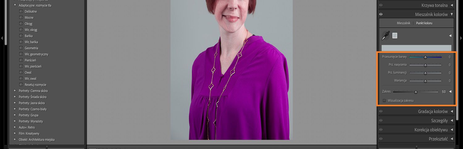 Obraz dzieci znajduje się na lightroom obszarze roboczym, gdzie panel koloru punktowego i jego suwak jest podświetlony.