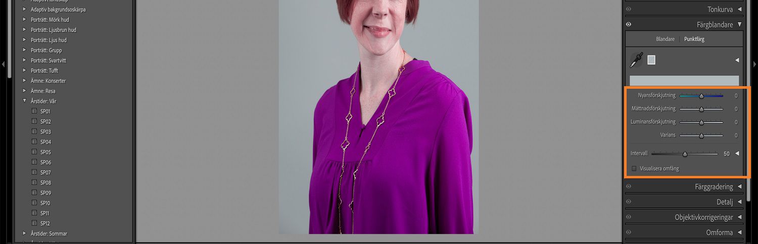 Barnbilden finns på lightroom arbetsyta där färgpunkts panel och dess reglage är markerat.