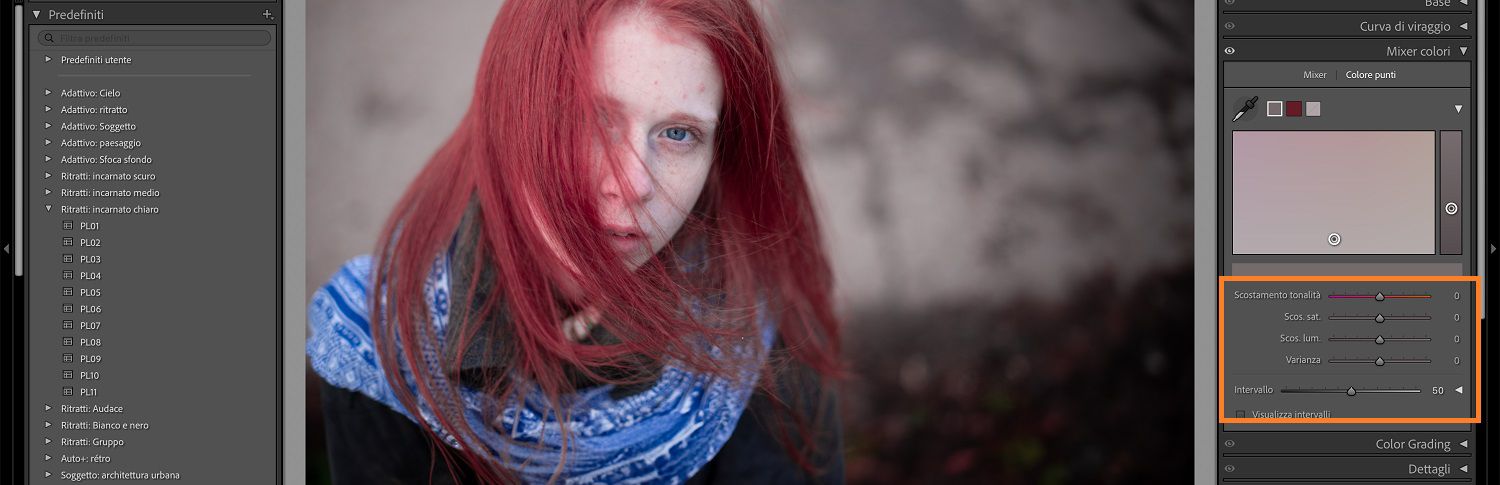 L'immagine dei bambini si trova nell'area di lavoro lightroom dove sono evidenziati il pannello del colore punto e il suo cursore.