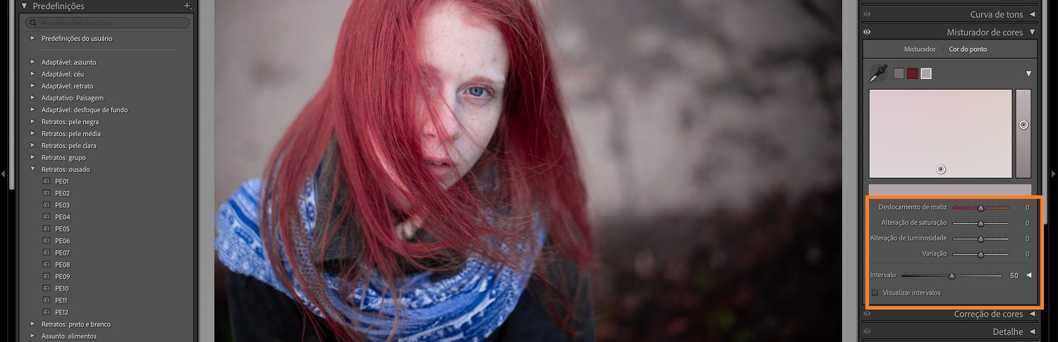 A imagem das crianças está na tela do Lightroom, onde o painel Cor pontual e seu controle deslizante estão destacados.