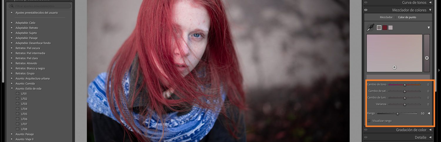 La imagen de niños está en el canvas de lightroom donde se resalta el panel de color de punto y su control deslizante.