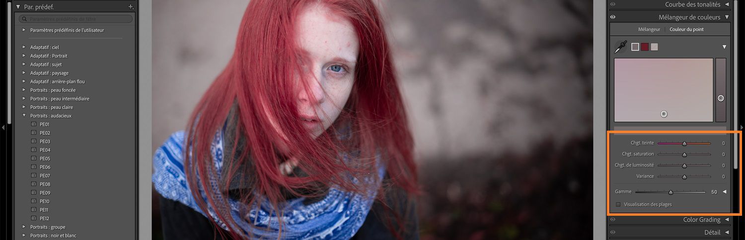 L’image des enfants se trouve sur la zone de travail Lightroom où le panneau Couleur de point et son curseur sont mis en évidence.