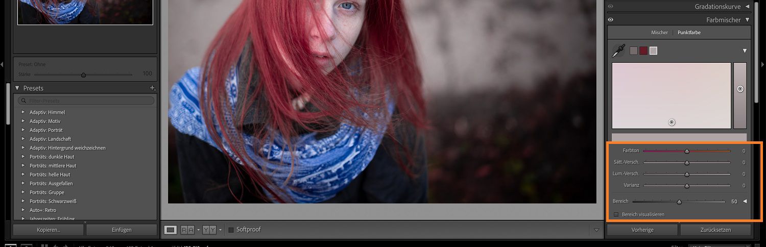 Ein Kinderbild auf der Arbeitsfläche von Lightroom. Die Punktfarbe und deren Regler sind hervorgehoben.