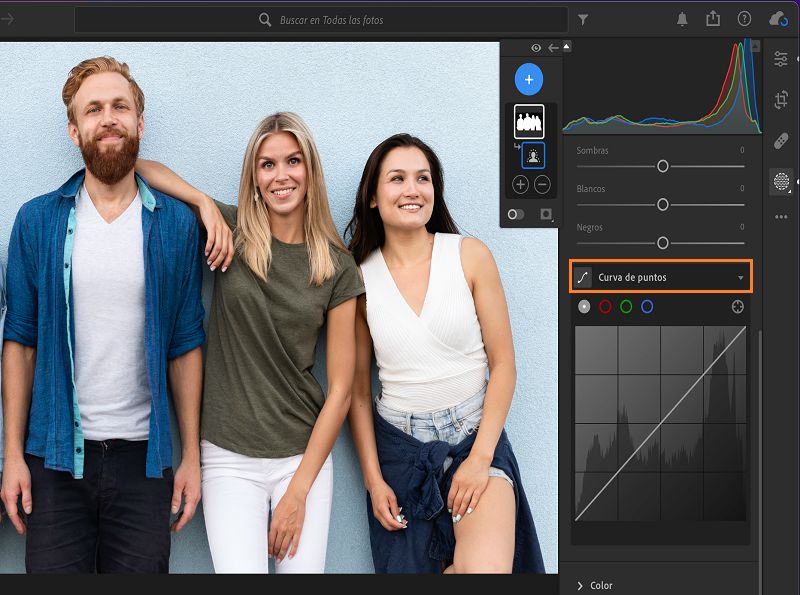 Ajuste Curva de puntos del panel Máscaras.