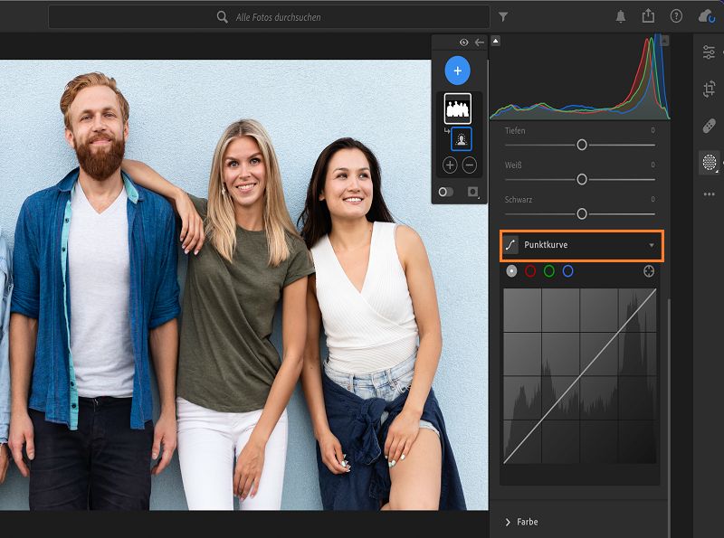 Anpassung der Punktkurve im Bedienfeld „Maskieren“.