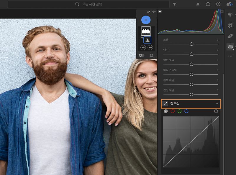 마스크 패널의 점 곡선 조정입니다.
