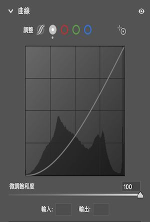 「微調飽和度」滑桿在「點曲線」中預設為 100。 