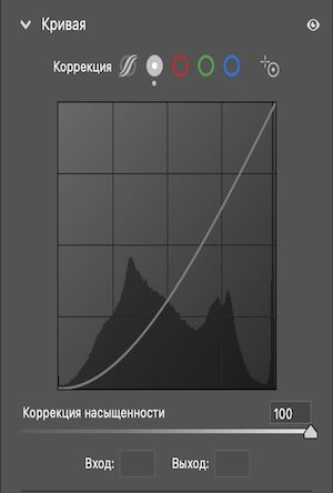 По умолчанию для ползунка «Коррекция насыщенности» в точечной кривой установлено значение 100. 