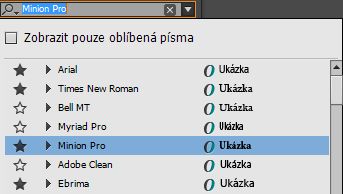 Rozbalovací seznam instalovaných písem