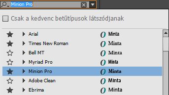 Telepített betűtípusok felugró listája
