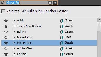 Yüklü fontları içeren açılır liste