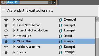 Popup-lista med installerade teckensnitt