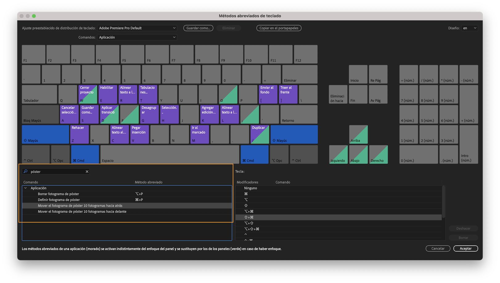 Métodos abreviados de teclado para mover el fotograma de póster
