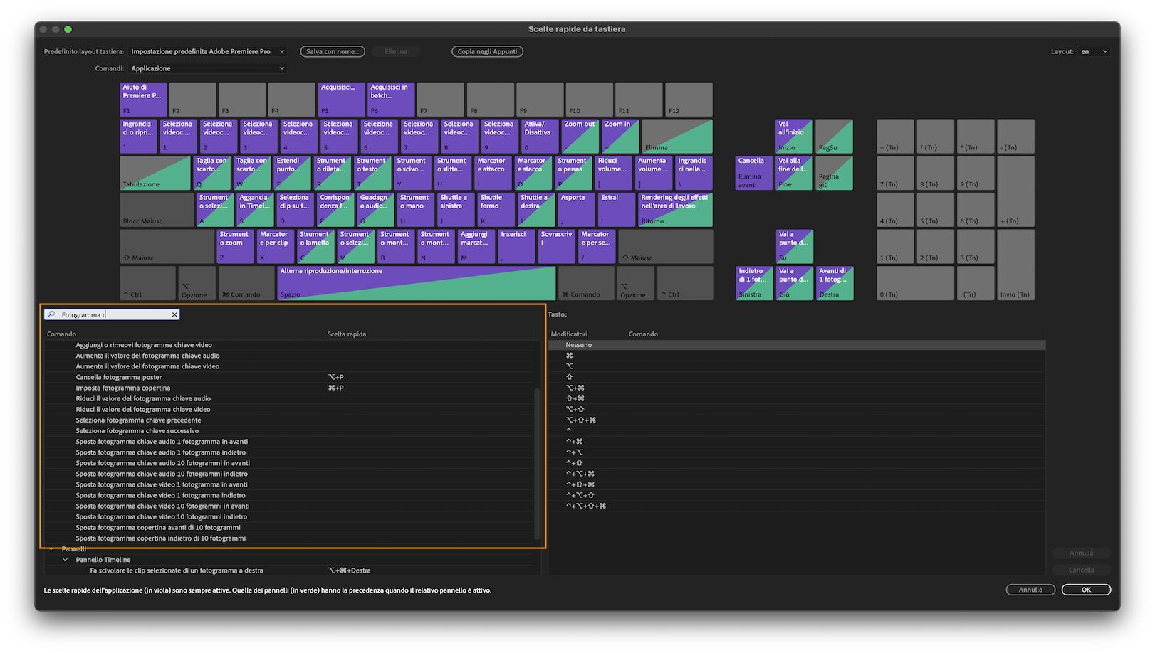 Scelte rapide da tastiera per spostare il fotogramma copertina