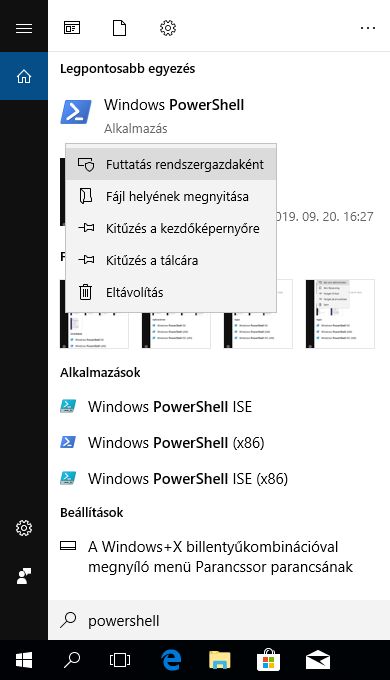 A Windows PowerShell adminisztrátorként való megnyitása