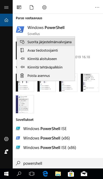Avaa Windows PowerShell järjestelmänvalvojana