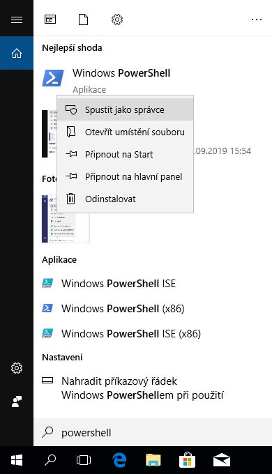 Otevření prostředí Windows PowerShell jako správce
