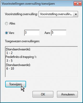 Dialoogvenster Voorinstellingen overvulling toewijzen