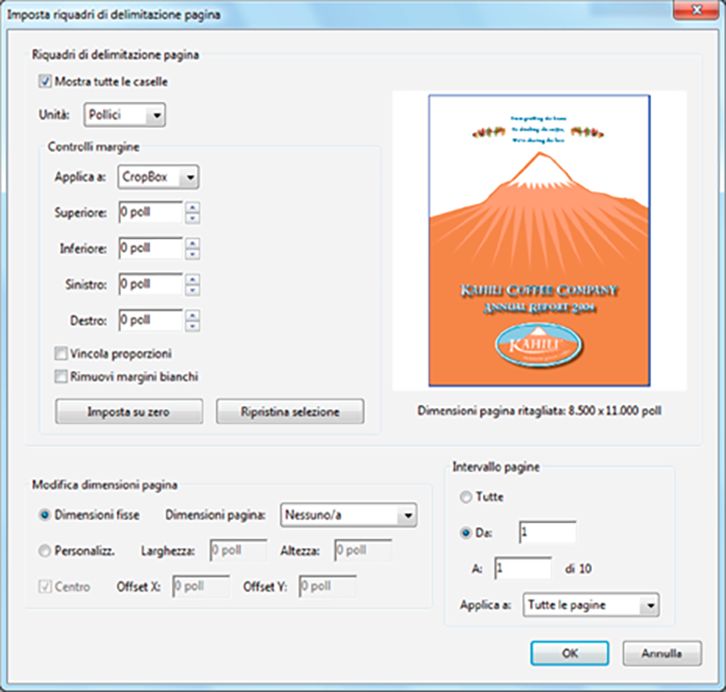 Finestra di dialogo Riquadri di delimitazione pagina