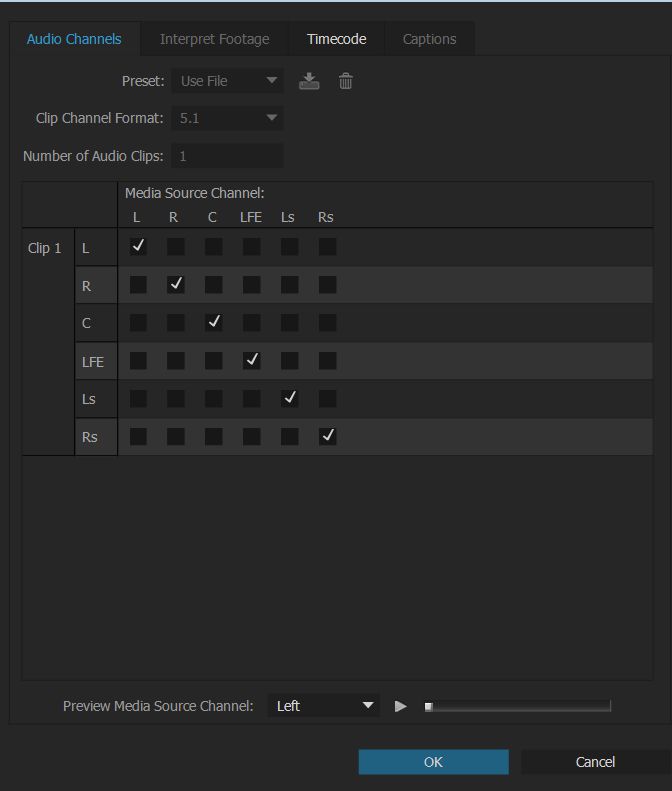 Mappatura dei canali di output audio per una traccia 5.1