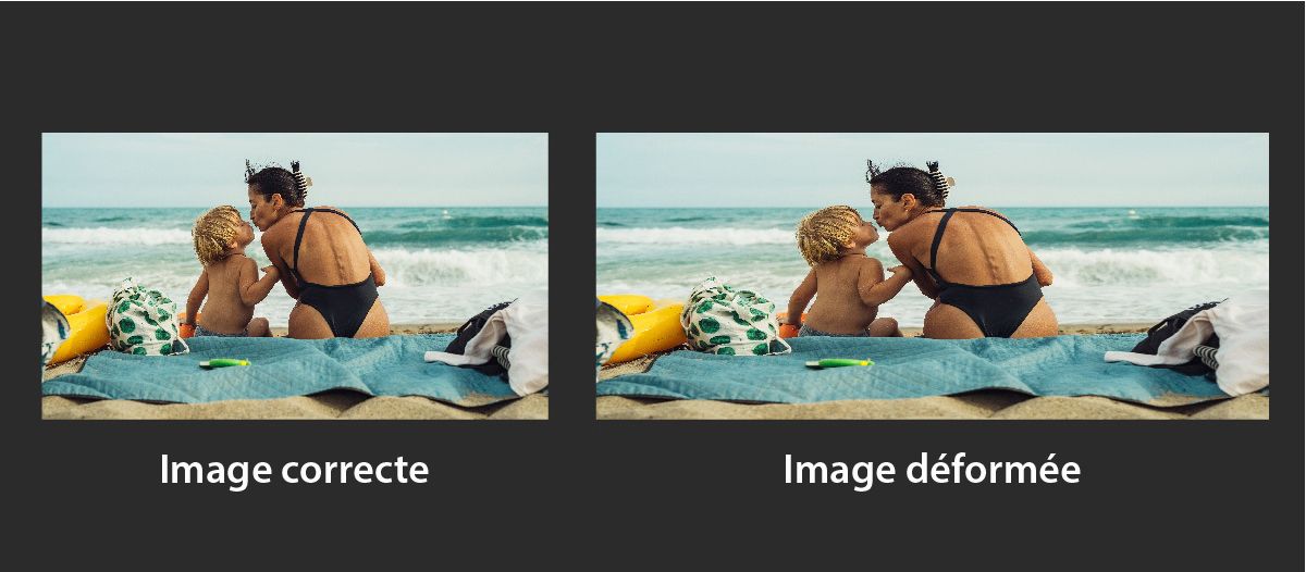 Comparaison côte à côte de deux images d'une femme et d'un enfant assis sur une plage. L'image de gauche est correctement proportionnée ; l'image de droite apparaît étirée et déformée en raison d'un rapport L/H incorrect.