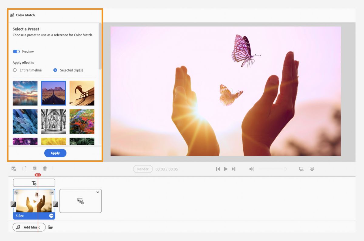 Découvrez la fonctionnalité Correspondance des couleurs dans Adobe Premiere Elements.