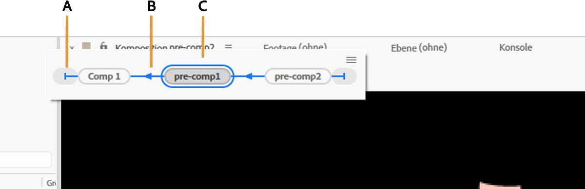 Das Kompositions-Mini-Flussdiagramm ist geöffnet und zeigt die Kompositionen unmittelbar vor oder hinter der ausgewählten Komposition an.