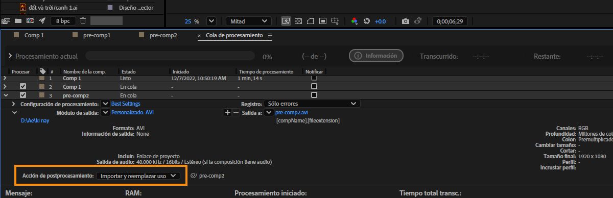 La opción Módulo de salida está abierta, y la acción Postprocesar está actualmente establecida en Importar y reemplazar uso.