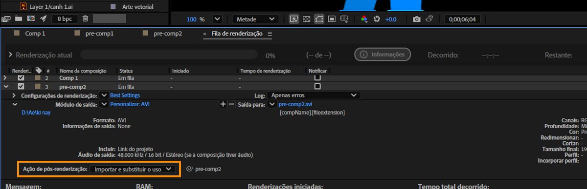 A opção “Módulo de saída” aberta e a “Ação pós-renderização” atualmente definida como “Importar e substituir uso”.