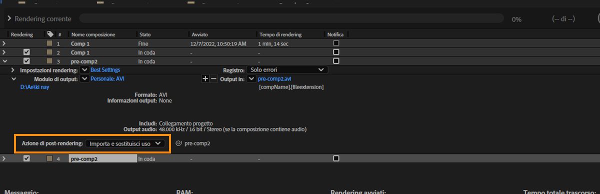 L’opzione Modulo di output è aperta e l’azione di post-rendering è attualmente impostata su Importa e sostituisci uso.
